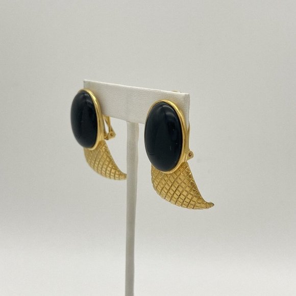 Vintage 80s Gold Curved Large Black Cabochon Statement Clip On Earrings - Picture 4 of 10
